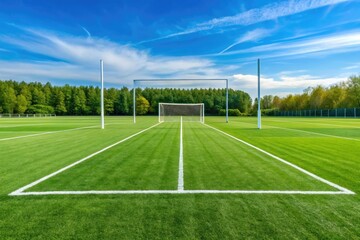 Field of play with white lines and goalposts in the distance, sports equipment, football field