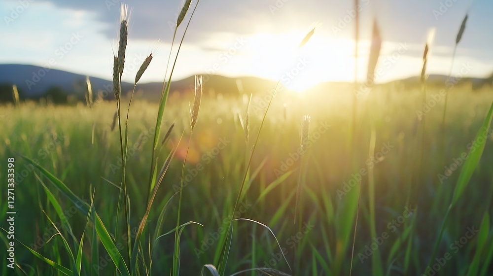 Poster closeup view of green grass and sun rays shining through during sunrise or sunset in a peaceful fiel