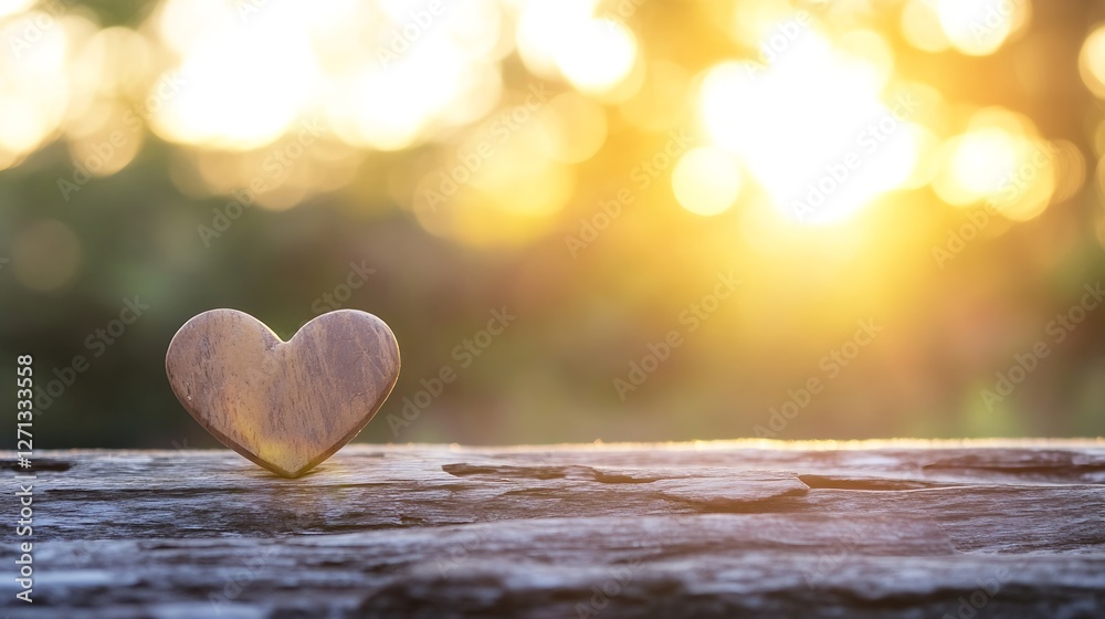 Aufkleber Wooden heart shape on a rustic surface illuminated by soft sunlight creating a warm romantic atmosphere : Generative AI