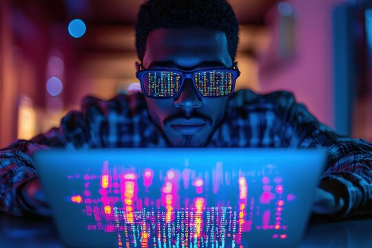 Close-up of a young African American man working on code with reflections in his glasses, illuminated by a laptop screen in a modern, vibrant, and creative workspace.