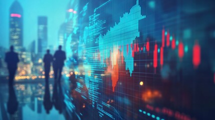 Fototapeta premium Charting Success: Harnessing Market Insights. A stock market graph and business people in motion on a double exposure background, with a blurred world map