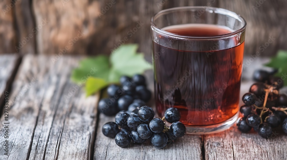 Aufkleber Refreshing glass of rich red grape juice surrounded by fresh grapes on a wooden table : Generative AI