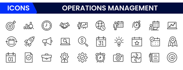 Operations management icon set. Containing production, logistics, supply chain, manufacturing, planning, inventory management, strategy, customer satisfaction and cost icons