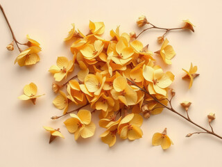 Flat lay composition of dried yellow hydrangea blooms, studio shot, white background, beauty, organic
