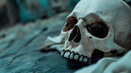 Detailed view of a human skull displayed artistically on a table with a dark moody background : Generative AI