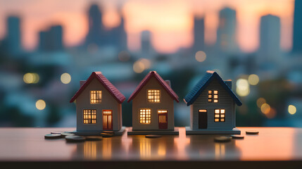 Three small houses are lined up next to each other