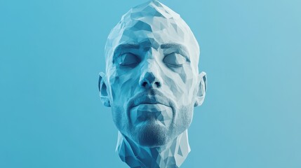 Abstract polygonal male head portrairt on blue background. Artificial intelligence concept. 3D Rendering.