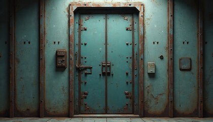 Naklejka premium Futuristic sci-fi metal door in aged industrial interior with rust texture. Old lock and handle with grunge paint on building. Iron, steel architecture with antique design offers vintage aesthetic.