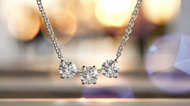 Three stunning diamonds set in a silver necklace shimmer beautifully against a blurred background, emphasizing luxury and style