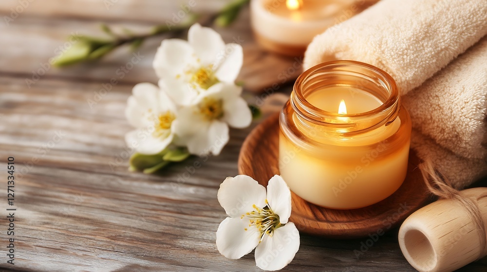 Poster relaxing spa setting with scented candles towels and flowers creating a serene ambiance for wellness