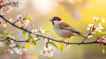 Fototapeta premium Springtime Sparrow: A Bird on a Blossoming Branch