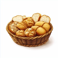 A hyper-realistic wicker basket with assorted artisan bread, including round buns, sliced bread, and a baguette, on a white background.