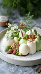 Delicious dessert platter with green and white sweets