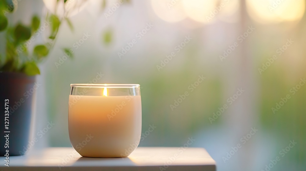 Poster A beautiful softly lit candle sitting on a table surrounded by nature and calming sunlight : Generative AI