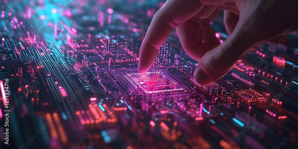 Poster exploring the intricate world of microchips: a close-up look at circuitry and technological advancem