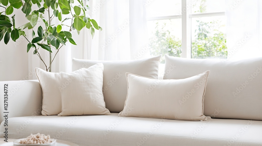 Aufkleber elegant and minimalistic white couch adorned with plush pillows in a bright living space : generativ