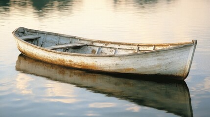 Obraz premium An old wooden boat floats serenely on a calm body of water, reflecting quiet beauty and timelessness in the gentle light.