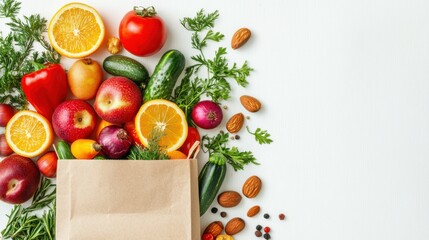 A paper bag full of fruits, vegetables and nuts on a white background with space for a text banner. The top view, flat lay shows healthy eating or shopping in a grocery store