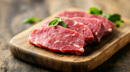 Fototapeta premium Fresh cuts of raw meat displayed on a wooden cutting board with herbs for culinary preparation : Generative AI