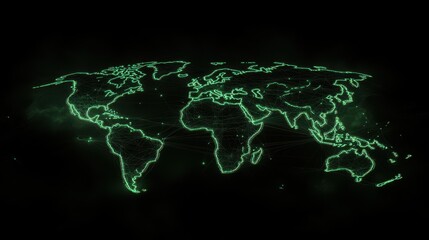 Worldwide communication concept with glowing countries silhouttes connected by straight lines on dark background. 3D rendering
