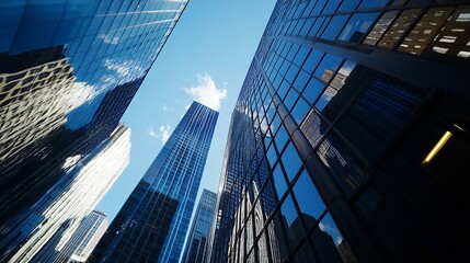 Perspective view looking up at towering glass skyscrapers reflecting the bright blue sky : Generative AI