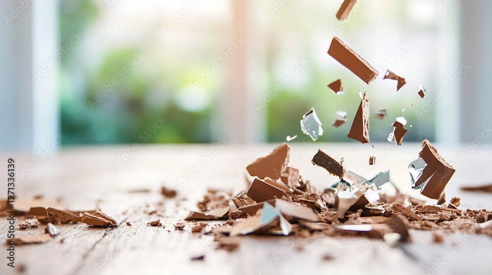 Aufkleber dynamic capture of chocolate pieces shattering into fragments on a wooden table in soft light : gene