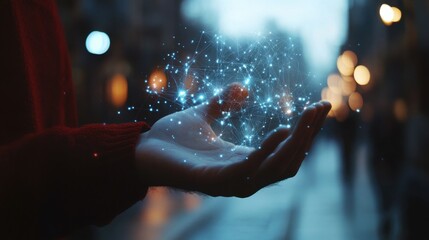 Close up of businessman hand holding abstract creative polygonal network on blurry background. Metaverse, technology and science concept. Double exposure