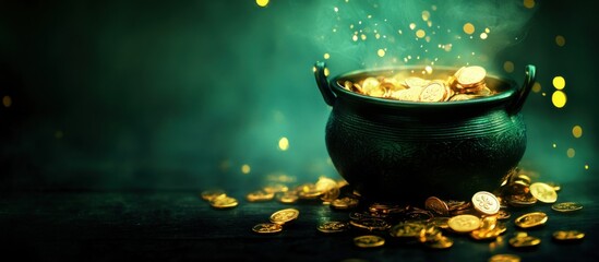 Dark green background, pot of gold in bottom corner, sparkling gold coins, empty space for text, magical lighting, Saint Patrick's Day, festive, luxurious, vibrant, celebration, fortune, Irish holiday