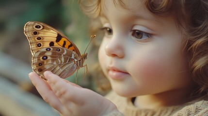 A young child gently holding a butterfly, eyes full of wonder, capturing the innocence and curiosity of childhood.