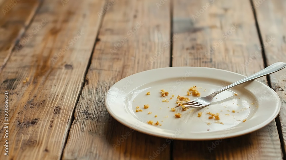 Aufkleber Empty plate on rustic wooden table with crumbs and fork hinting at a meal recently enjoyed : Generative AI