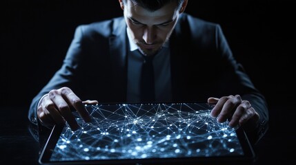 business, augmented reality and future technology concept - businessman in suit working with transparent tablet pc computer and virtual low poly shape projection over black background