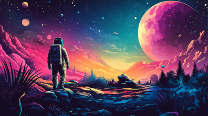 Fototapeta premium Astronaut stepping out of a space capsule on the surface of an alien world. The landscape is a mix of rocky terrain and strange, glowing vegetation under a bright, alien sky