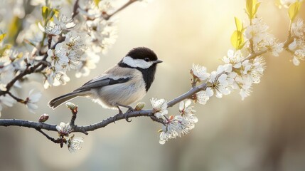 Naklejka premium A Coal Tit Perched on a Blooming Branch in Springtime Sunlight