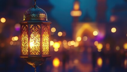 Ornate lantern at night, mosque in background, festive scene