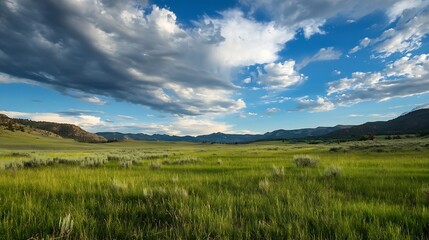 Obraz premium Stunning landscape view of a lush green meadow under a vibrant sky with dynamic clouds and mountains in the distance : Generative AI