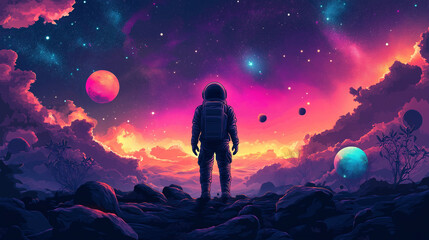 Obraz premium Lone astronaut standing on the surface of an alien planet with vibrant, colorful skies and floating rocks. Strange, bioluminescent plants glow in the background, while distant stars shine bright