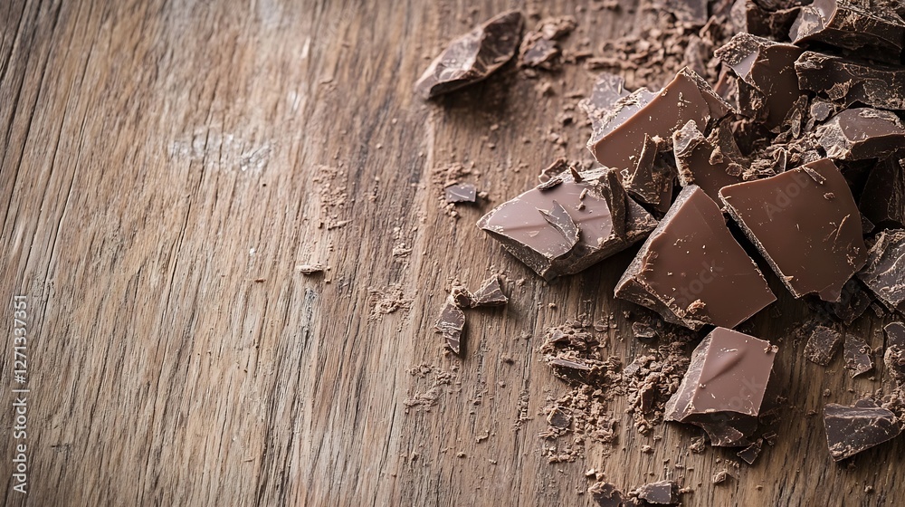 Poster rich dark chocolate fragments scattered on rustic wooden surface ready for culinary use : generative