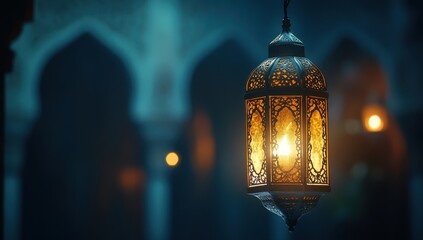 Illuminated lantern in mosque at night