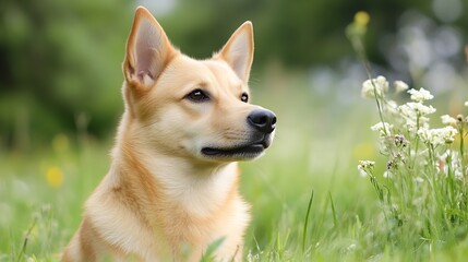 Fototapeta premium Intelligent Corgi Dog Sitting Gracefully Among Lush Green Grass and Wildflowers : Generative AI