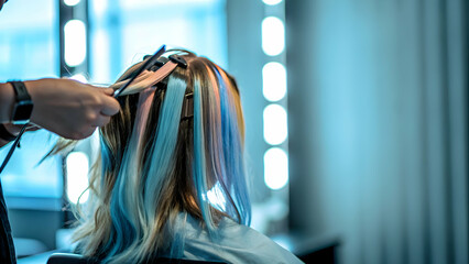 Naklejka premium Stylish Young Woman with Blonde Highlights in Trendy Hair Salon