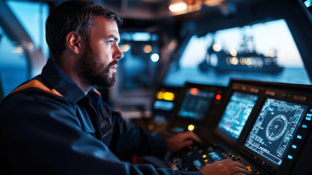 focused man operates machinery on offshore vessel at dusk, showcasing dedication and expertise