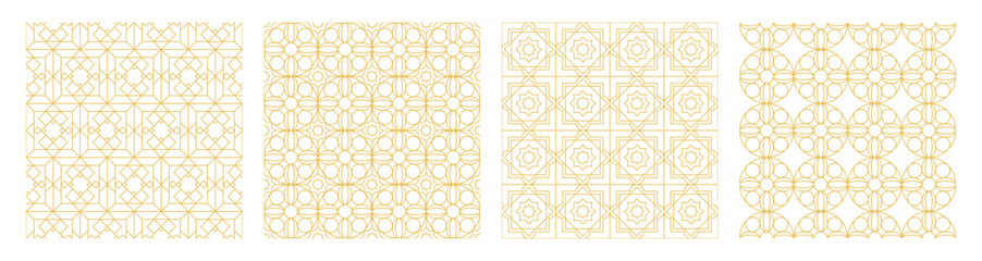 Collection of Arabic geometric mosaic printable seamless pattern with abstract Moroccan print in gold colors. Ramadan Kareem Traditional Islamic art Illustration background