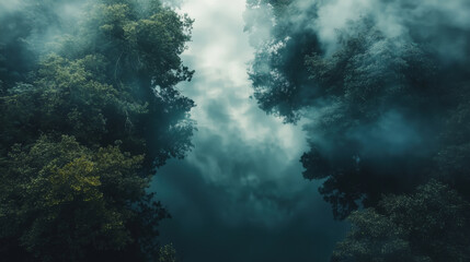 A winding river passing through a dense dark forest, clouds and sky are reflected on it. Nature is shrouded in fog, a gloomy scene. Birds eye view.