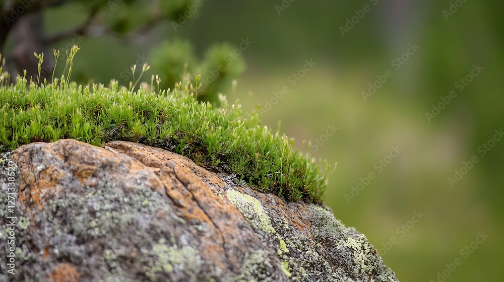 Poster close up of vibrant green moss growing on a rocky surface in a lush forest setting : generative ai
