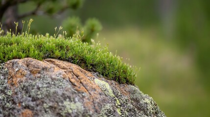Fototapeta premium Close up of vibrant green moss growing on a rocky surface in a lush forest setting : Generative AI