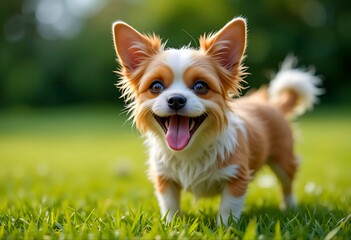 Brown dog with a white muzzle against a natural background, playful dog outdoors among greenery and trees