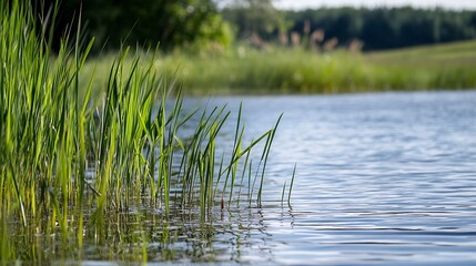 Fototapeta premium Tranquil scene of tall green grasses swaying gently by a calm river under a bright sky : Generative AI