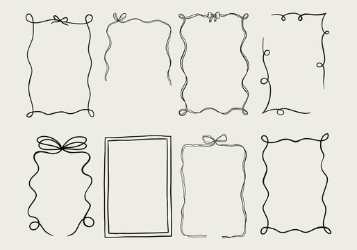 Set of elegant whimsical hand-drawn pink blue orange green color frames with wavy squiggle curly ribbons in trendy, vintage styles. Perfect for quirky holiday, wedding, birthday gift decorations - Powered by Adobe
