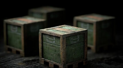 Obraz premium Green Weathered Wooden Crates on Dark Background