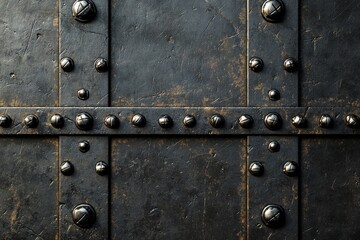 A textured and detailed view of an old riveted metal surface, perfect for industrial backgrounds and designs seeking a rustic and robust element, with intricate details.